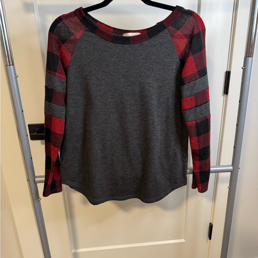 Gray and Red Plaid Sleeve Sweater